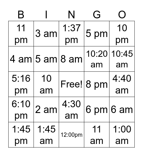 La hora Bingo Card