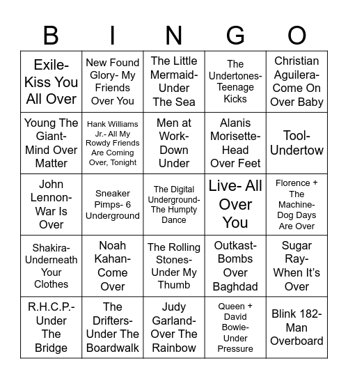 Radio Bingo Over/Under Bingo Card