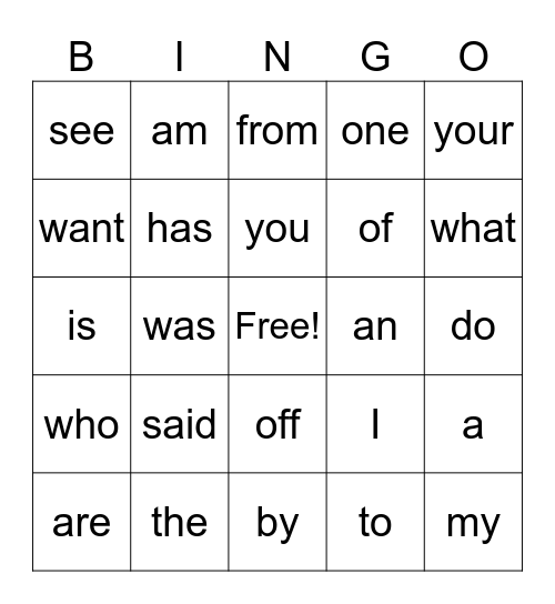 High Frequency Words Bingo Card