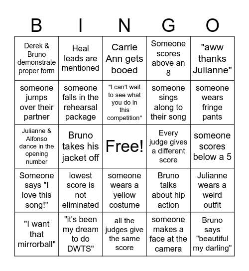 DWTS Premiere Bingo!!!! Bingo Card