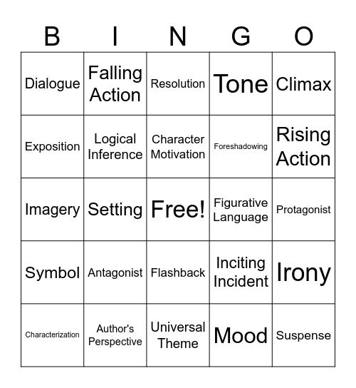 Fiction: Academic Vocabulary Bingo Card