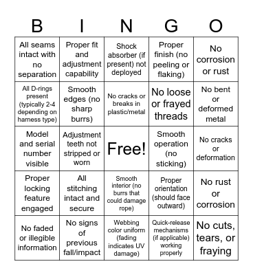 Fall Harness Inspection Bingo Card