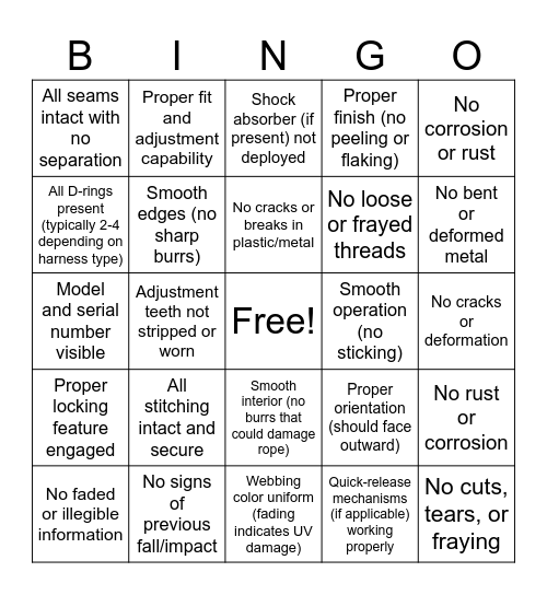 Fall Harness Inspection Bingo Card