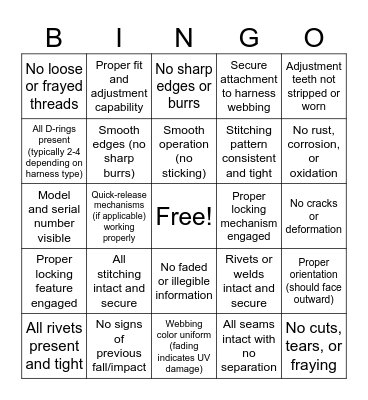 Fall Harness Inspection Bingo Card