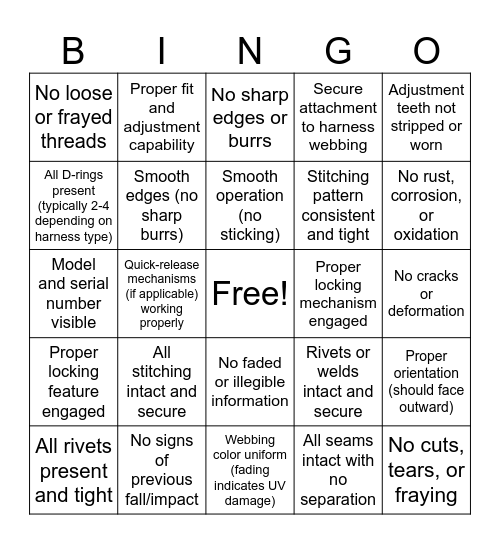 Fall Harness Inspection Bingo Card