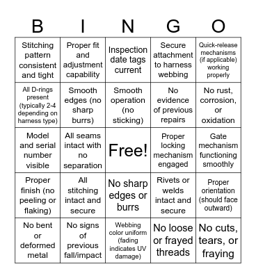 Fall Harness Inspection Bingo Card