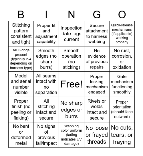 Fall Harness Inspection Bingo Card