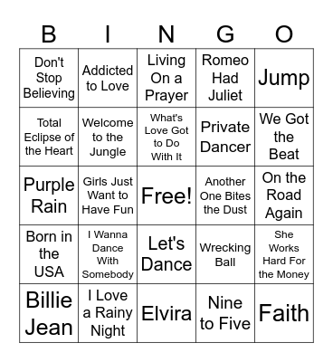 Songs of the 1980s Bingo Card