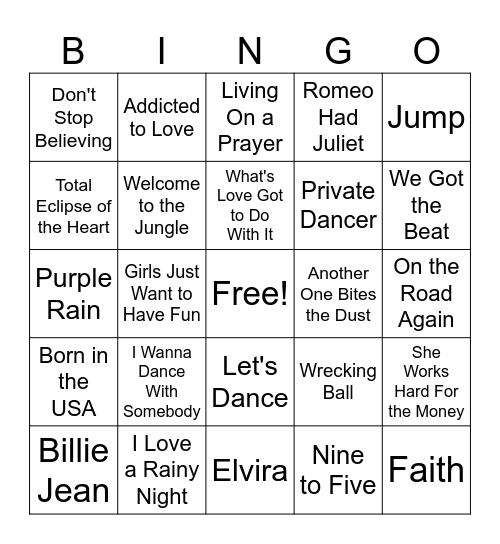 Songs of the 1980s Bingo Card