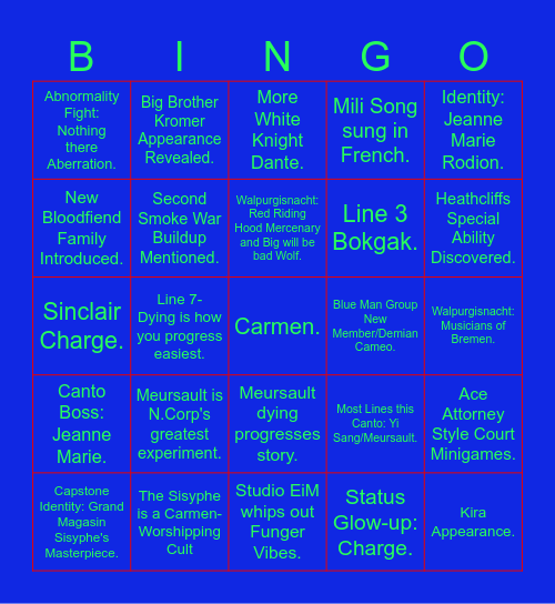 Season 10 Bingo Card