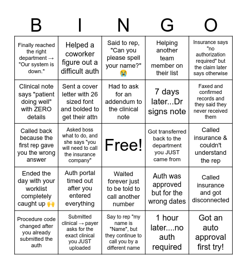 Outpatient Prior Authorization team BINGO Card