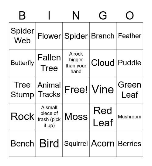 Hiking Bingo Card