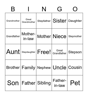 Family Bingo Card