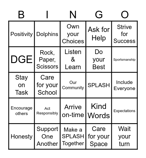 DGE SPLASH FAMILY NIGHT Bingo Card