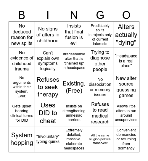 Caine's DID Faker Bingo Card