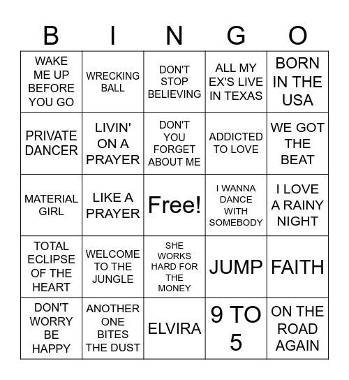 1980S SONGS Bingo Card