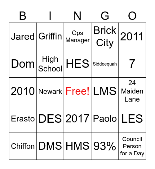 Great Oaks Bingo Card