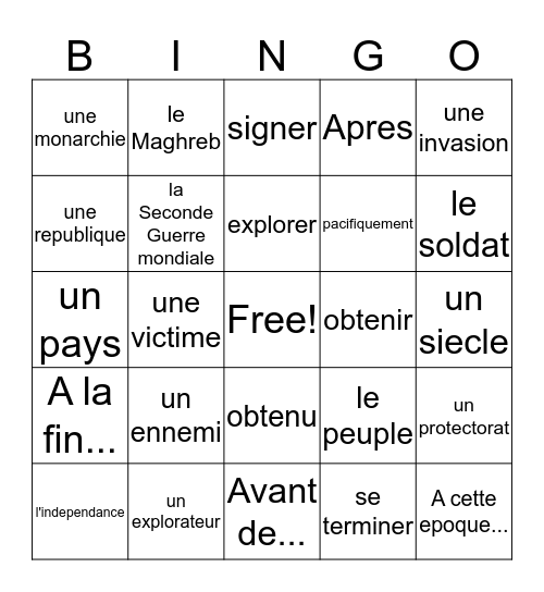 Francais 3/4 - Chapitre 3 - Vocabulaire 2 Bingo Card