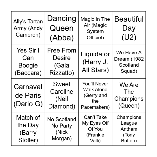 UHS girls football music bingo Card