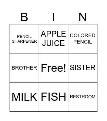 ENGLISH Bingo Card