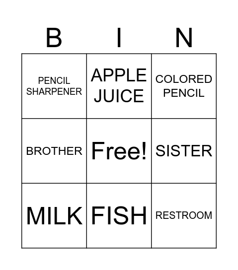 ENGLISH Bingo Card