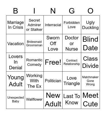 Romance Trope Bingo Number 4 Bingo Card