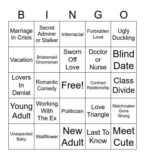 Romance Trope Bingo Number 4 Bingo Card