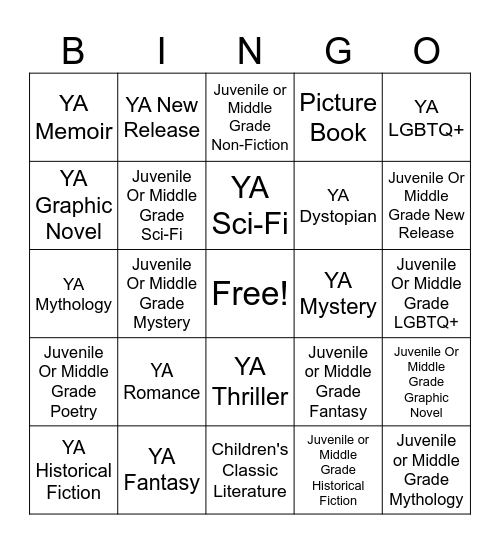 Children's And Young Adult Reading Bingo Card