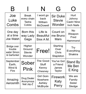 Recovery Music Bingo Card
