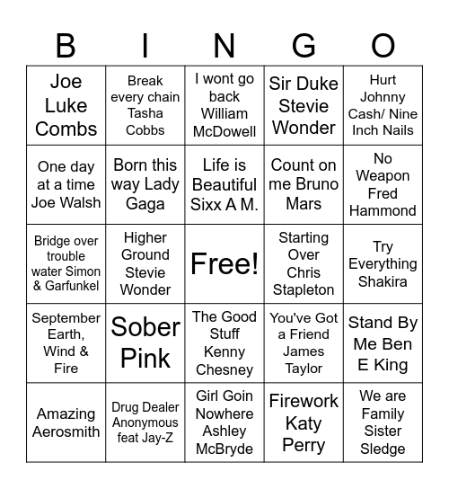 Recovery Music Bingo Card