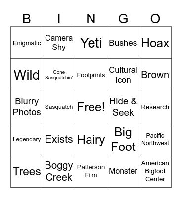 Bigfoot Bingo Card