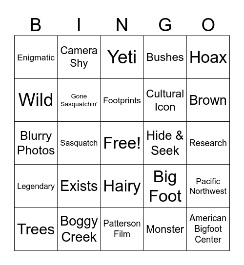 Bigfoot Bingo Card
