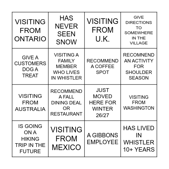 CUSTOMER SERVICE BINGO Card