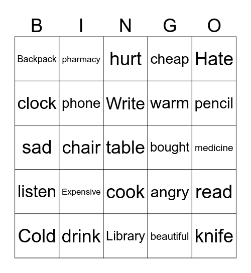 Vocabulary Bingo Card