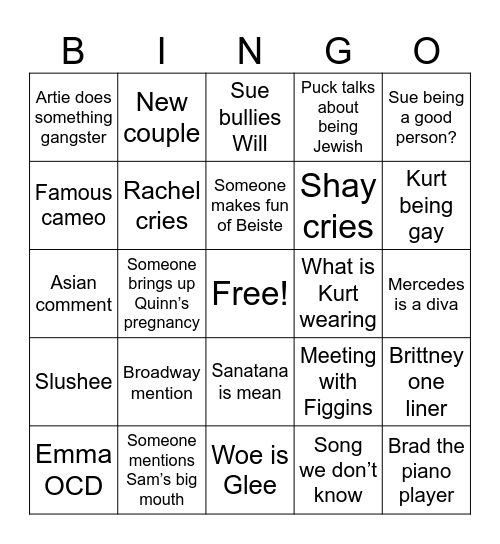 Glee Bingo Card