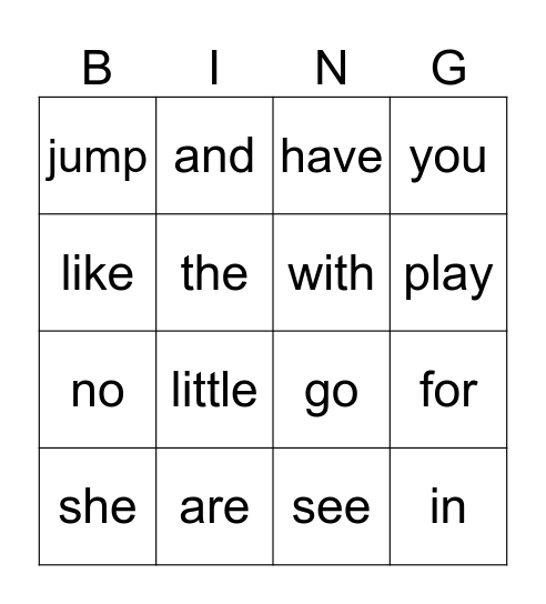 Sight Words Bingo Card