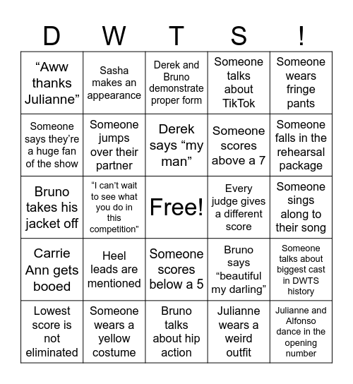 DWTS Season 35 Premiere Bingo Card