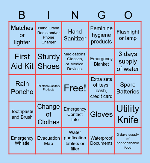Go-Bag Bingo Card
