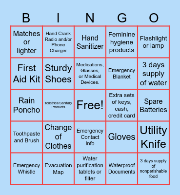 Go-Bag Bingo Card