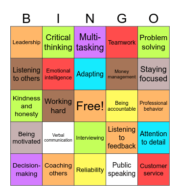 Work skills Bingo Card