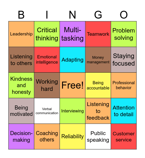 Work skills Bingo Card