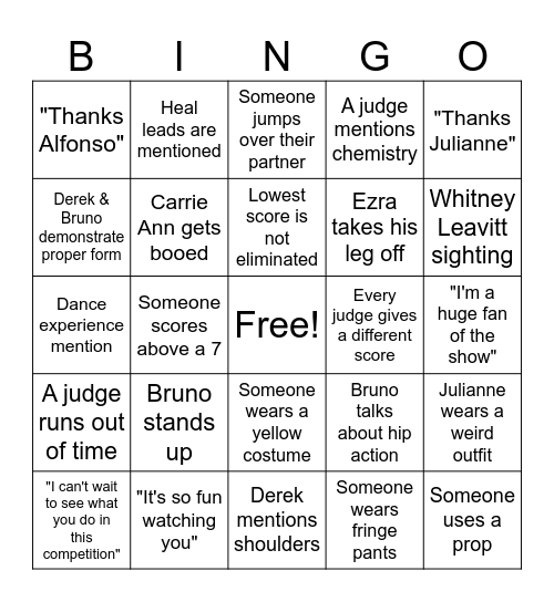 DWTS Bingo Card