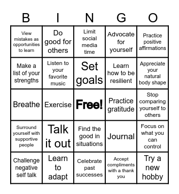 Mental Health Strategies Bingo Card