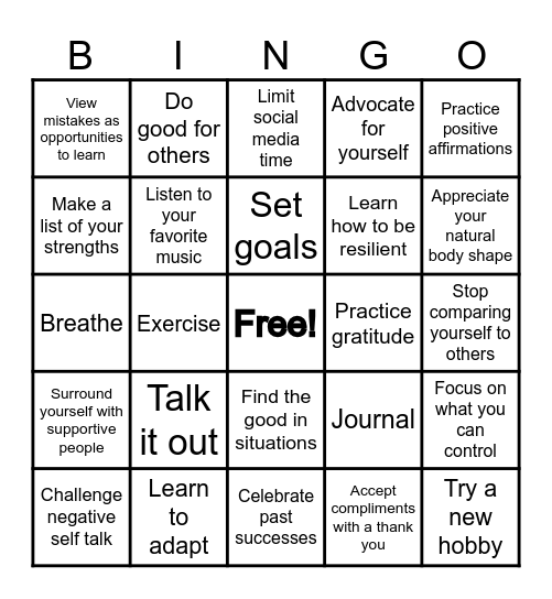Mental Health Strategies Bingo Card