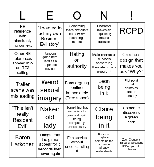 Zach Cregger's RE bingo list Bingo Card