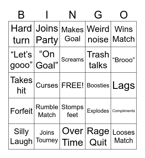 Playing Rocket League Bingo Card