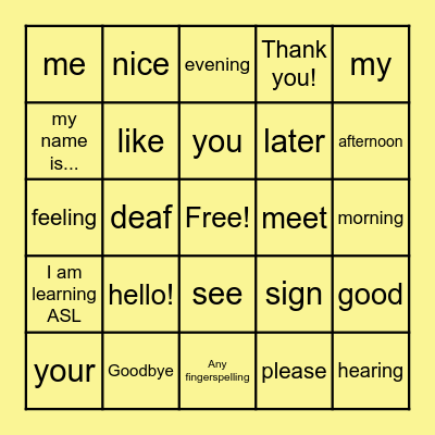 ASL: Intro + Survival Signs Bingo Card