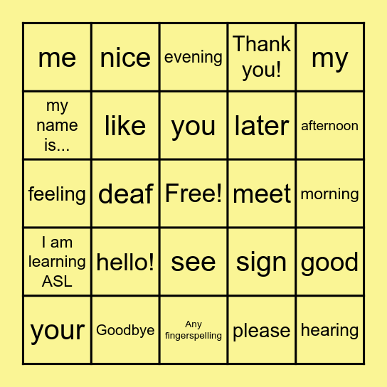 ASL: Intro + Survival Signs Bingo Card