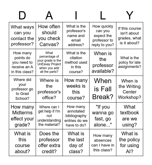 Syllabus Bingo! Bingo Card