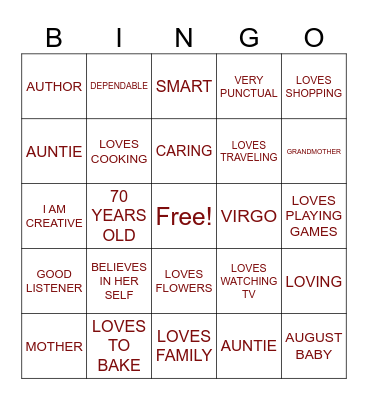 MOZAL'S 70TH BIRTHDAY Bingo Card